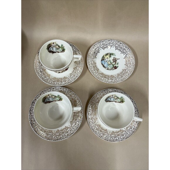 VTG American Limoges Triumph D'or Serenade 3 Cups & 4 Saucers 22K Gold READ - Picture 2 of 16